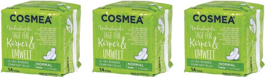 Cosmea 3 x 14 stuks ultra dun maandverband normaal met vleugels Biologisch en Vegan multipack