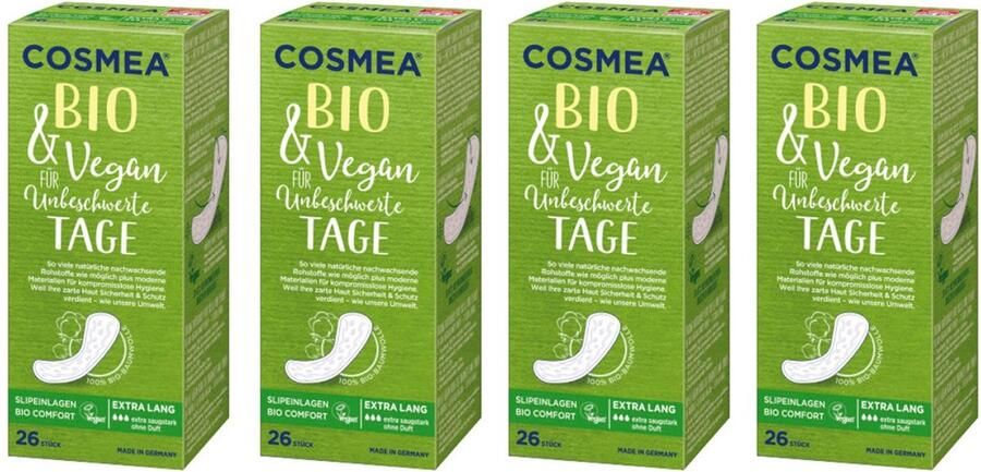Cosmea 4 x 26 inlegkruisjes EXTRA LANG 104 stuks absorberend biologisch katoen en vegan zonder parfum multipack