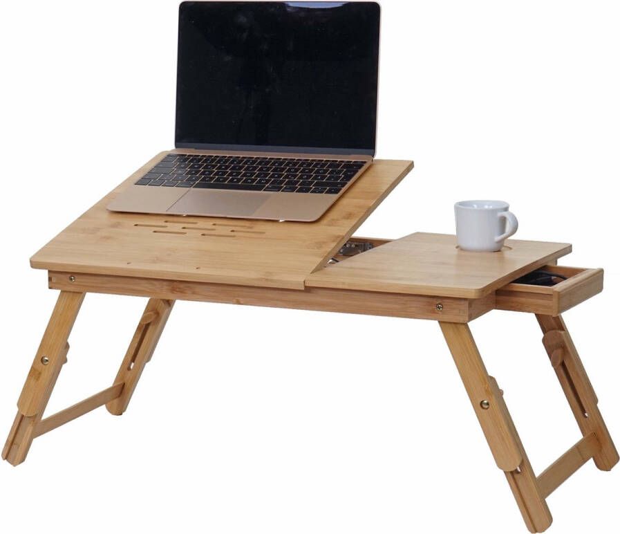 Cosmo Casa Bedtafel met Ventilatie Laptoptafel met lade- Verstelbaar Bamboe Comfortabel 20-28x55x35 cm