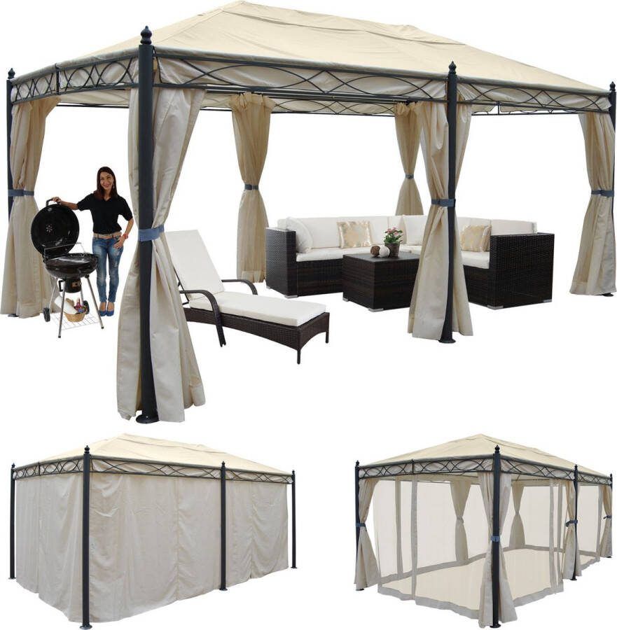 Cosmo Casa Pergola Cadiz- Paviljoen- stabiel 7 cm frame 5x3m Crème met zijwand Muskietennet