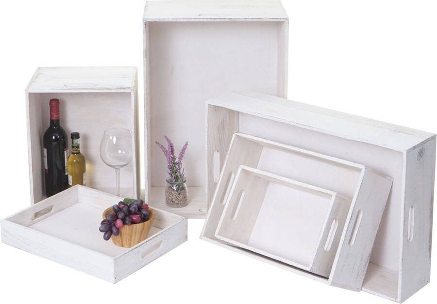 Cosmo Casa Set van 6 houten kisten -Decoratieve houten opbergkist- Shabby look vintage Wit shabby