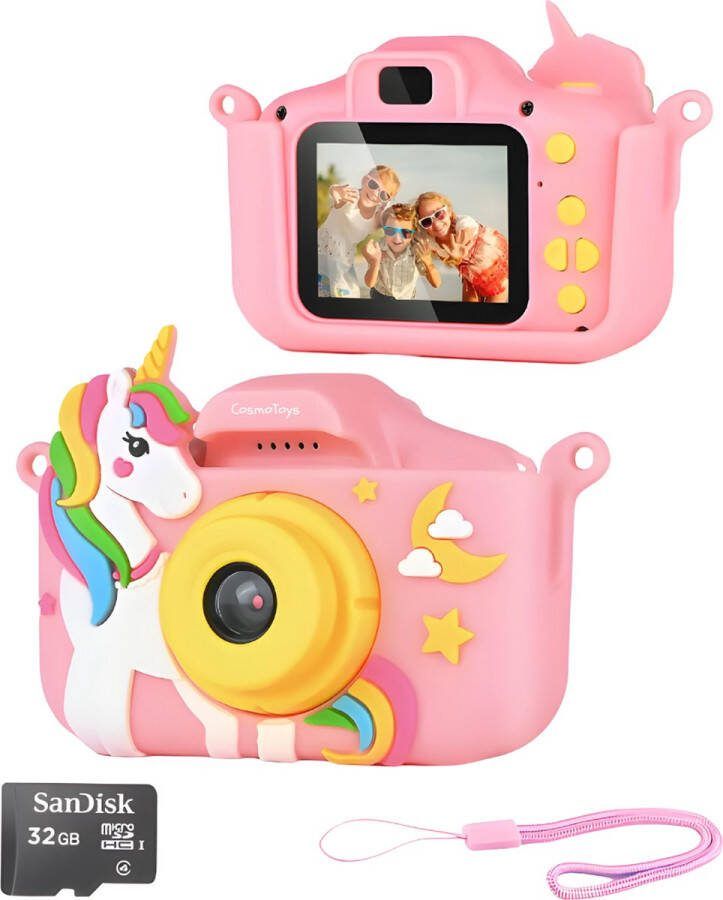 CosmoToys Kindercamera FULL HD Incl. SD-Kaart en Veiligheidsriem Kids Kinder vlog camera Kinderfototoestel Kindercamera's Digitaal Fototoestel Kinderen Roze