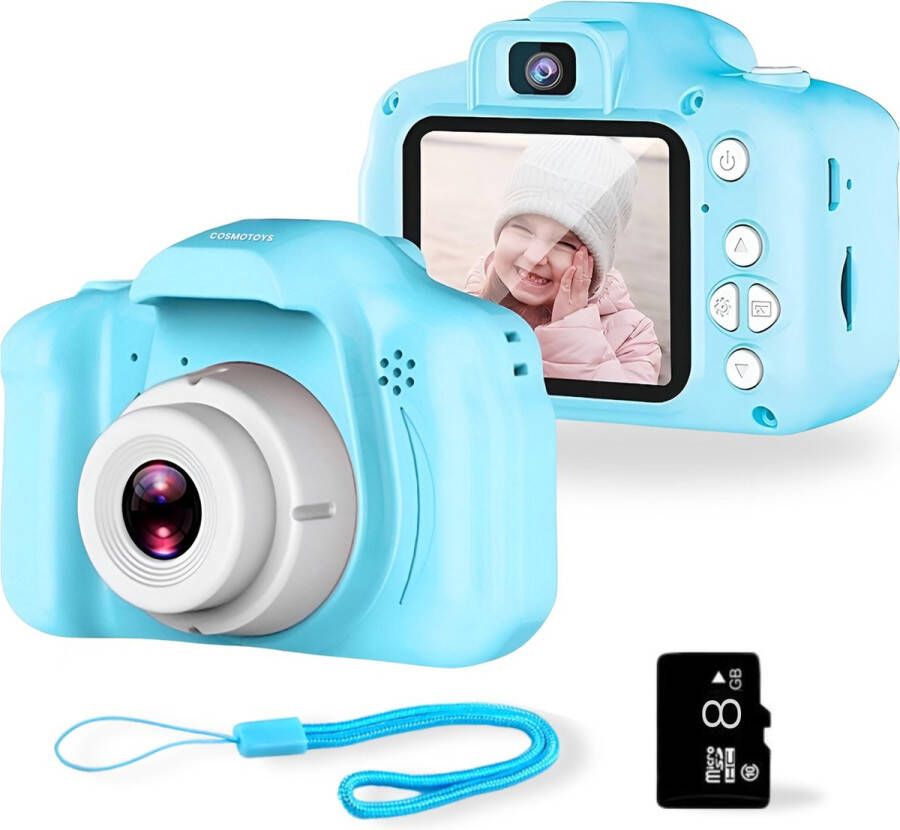 CosmoToys Kindercamera FULL HD Incl. SD-Kaart en Veiligheidsriem Speelgoed 3 4 & 5 Jaar Camera Kinderen Vlog Camera voor Beginners Blauw