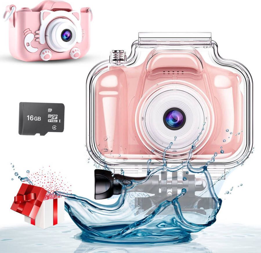 CosmoToys Kindercamera Incl. Onderwaterbehuizing + Beschermhoes + 32GB SD-Kaart Fototoestel Kinderen Kids Camera Digitaal 1080P Full HD Roze