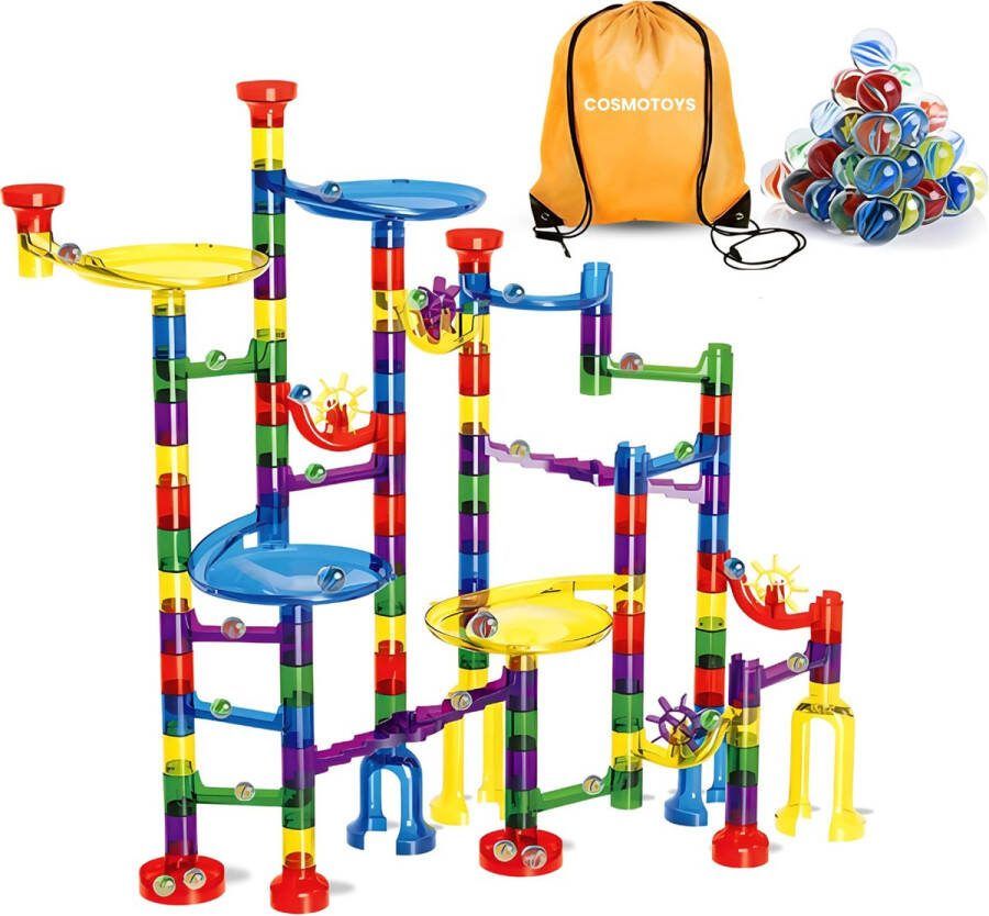 CosmoToys Knikkerbaan 122 Delig Incl. 30 Knikkers + Opbergtasje Marble Run Speelgoed 3 4 & 5 Jaar