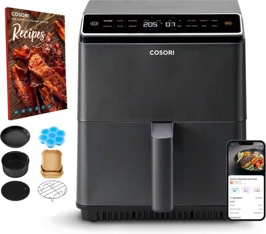 Cosori Dual Blaze Airfryer met Accessoire set XXL Heteluchtfriteuse 6.4L Boven & onderwarmte App Connected Antraciet