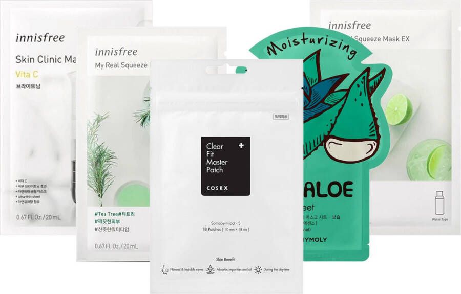 CosRx Sheetmasker Set voor Onzuivere Huid (5 stuks) Clear Fit Master Patch Gezichtsmasker Set Korean Skincare van Innisfree en Tonymoly