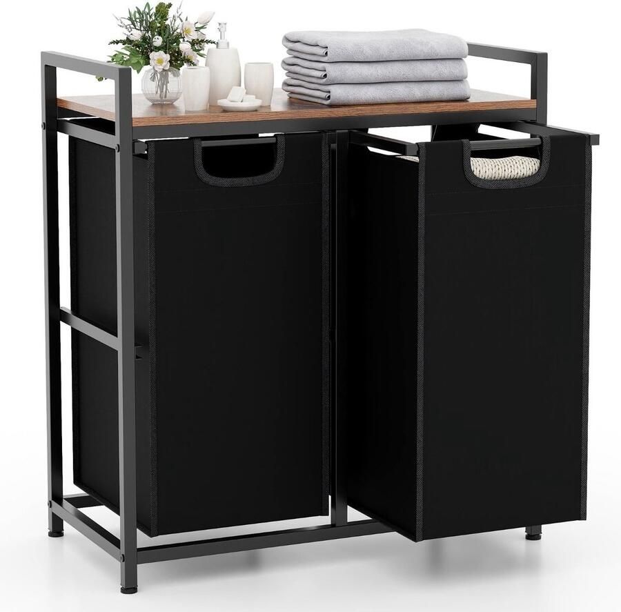 Costway SureDeal Wasmand 2 Vakken Deksel 90 Liter 73x33x72 cm Was Organizer Badkamer Badkamerkast Kast