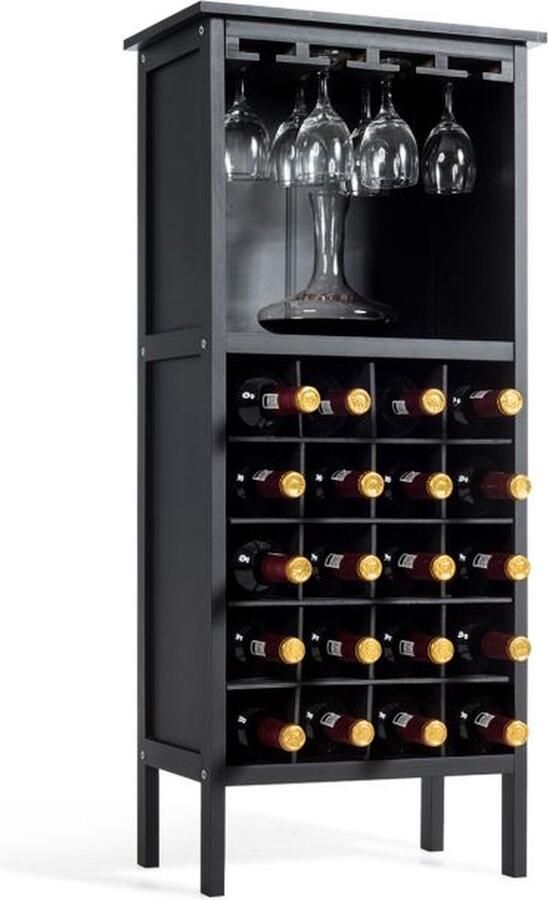 Costway SureDeal Wijnkast voor 20 Flessen Wijn Kast Houten Wijnrek Met Glas Hanger en Fles Houder Zwart Wijn