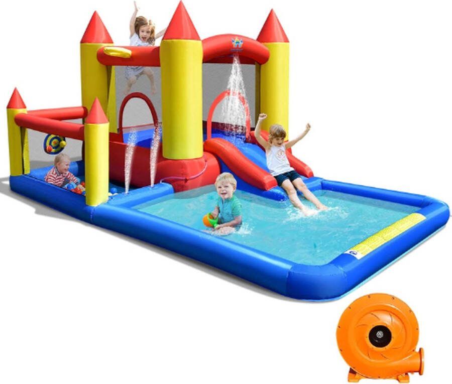 Costway Springkasteel Springkussen Springkussens Springkussen Met Glijbaan Waterglijbaan Waterpret Speelgoed Buiten Waterpret Voor Kinderen Waterglijbaan Opblaasbaar