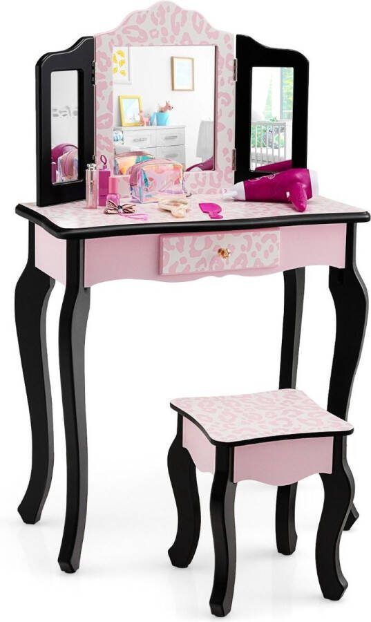 Costway SureDeal Make-Up tafel Kinderen Kaptafel Met Krukje 2-In-1 Bureau Spiegels Roze Luipaard 60x27 5x97 5 cm Speelgoed Meisje