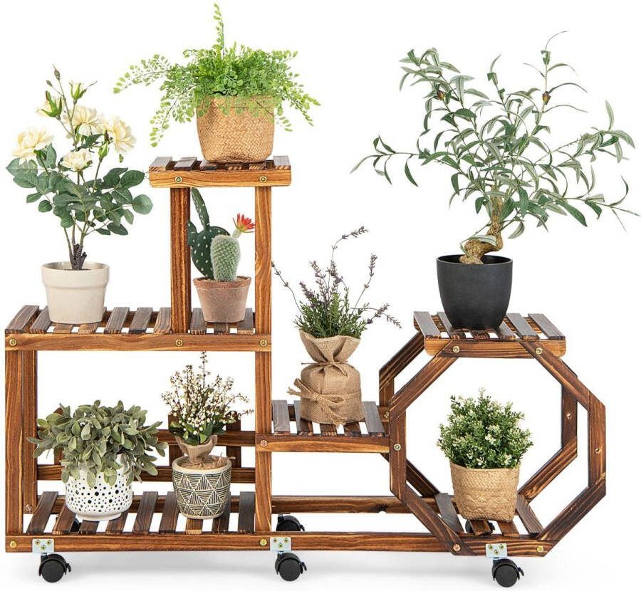 Costway SureDeal Plantenrek Vakkenkast Verplaatsbaar Wielen Binnen en Buiten Dennenhout 6 Vakken 107x29x74 cm Kantoor Huiskamer Tuin Dressoir