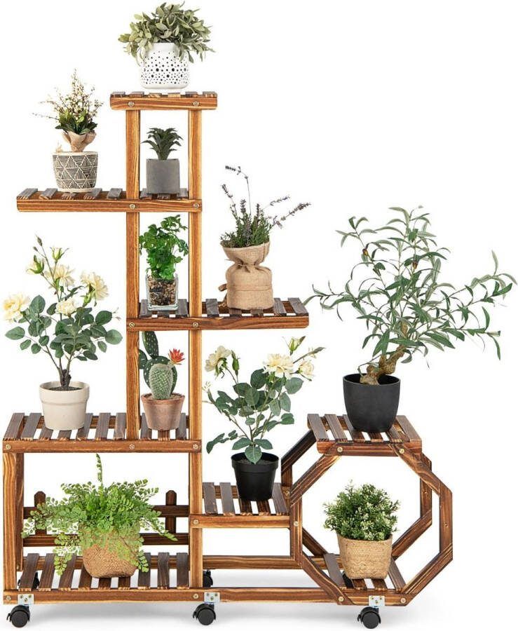 Costway SureDeal Plantenrek Vakkenkast Verplaatsbaar Wielen Binnen en Buiten Dennenhout 8 Vakken 107x29x126cm Kantoor Huiskamer Tuin Dressoir