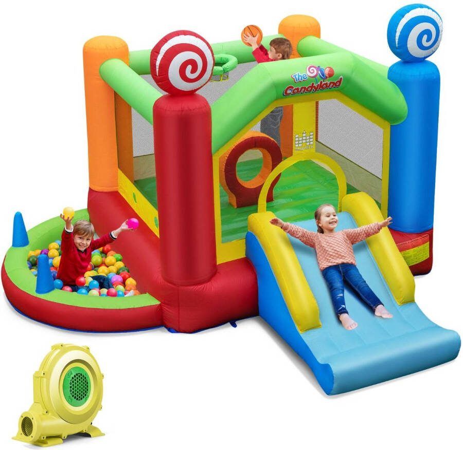 Costway SureDeal Springkasteel Met Ventilator Glijbaan Basketbalmand All-in Springkussen Candyland Binnen & Buiten Blower 385x360x250 cm