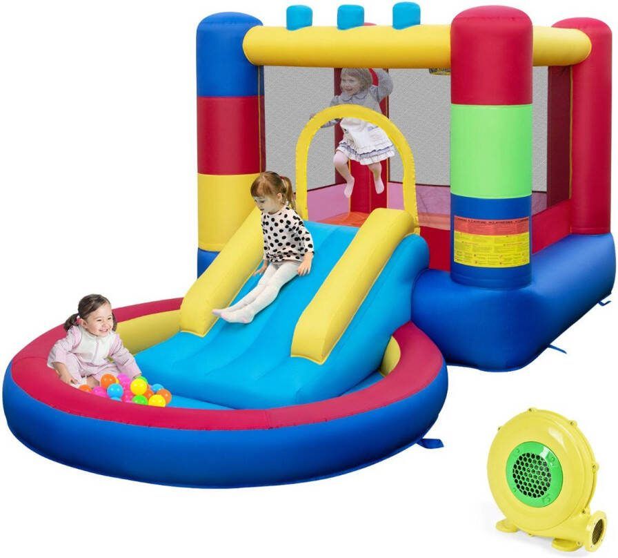 Costway SureDeal Springkasteel Met Ventilator Glijbaan Basketbalmand Ballenbak All-in Springkussen Binnen & Buiten Blower 380x206x178 cm