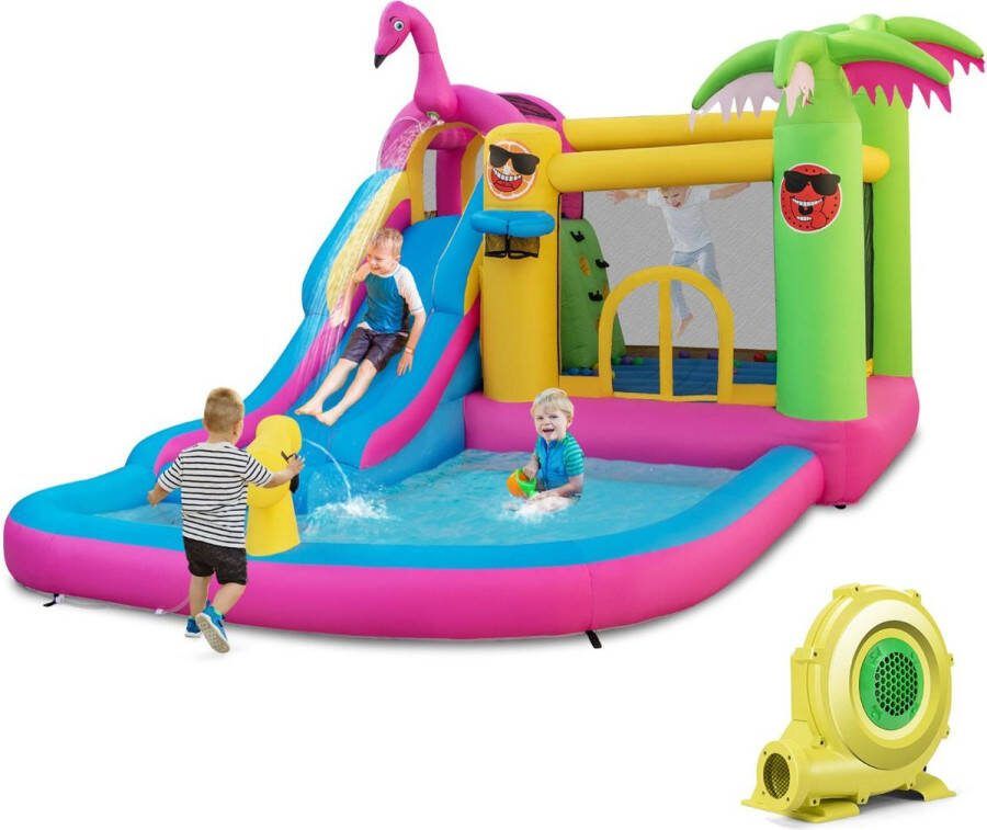 Costway SureDeal Springkasteel Met Ventilator Waterpark Flamingo-Thema Zwembad Waterglijbaan Kinderbadje Waterkanon en Basketbalmand Springkussen Blower Waterbaan