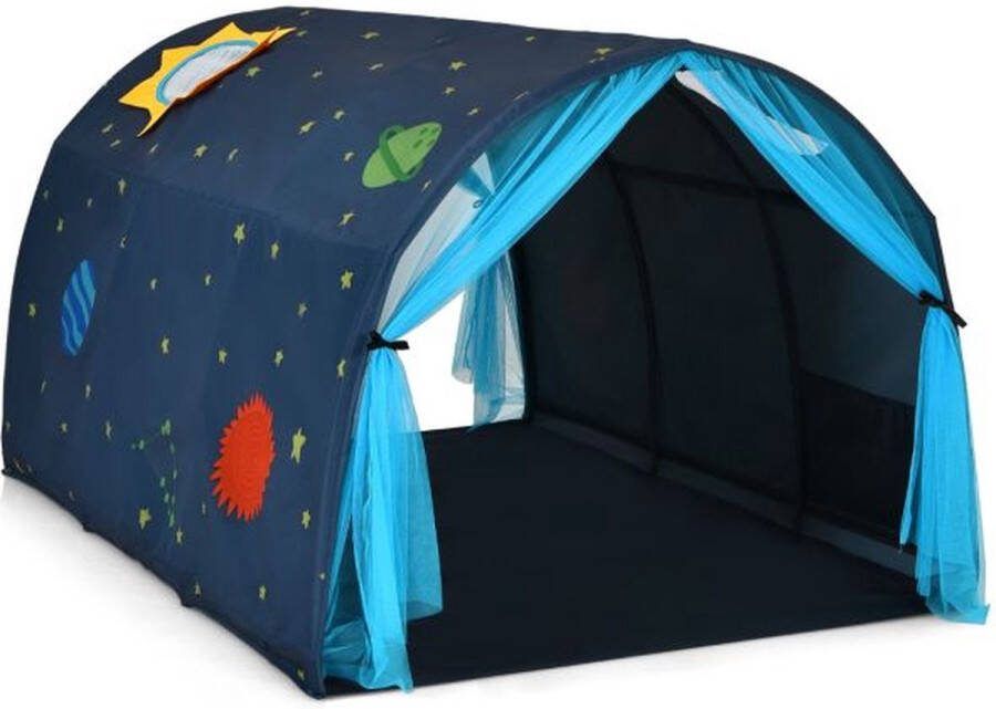 Costway SureDeal Tentje Kinderbedje Speeltent in Prinsessenstijl Kinderen Kindertent met Venster & Tas & Gordijn Blauw