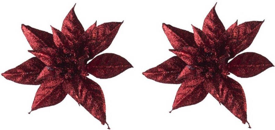 Cosy&Trendy 2x Kerstboomversiering op clip bordeaux donkerrode glitter bloemen 8 cm- kerstboom decoratie Donkerrode kerstversieringen