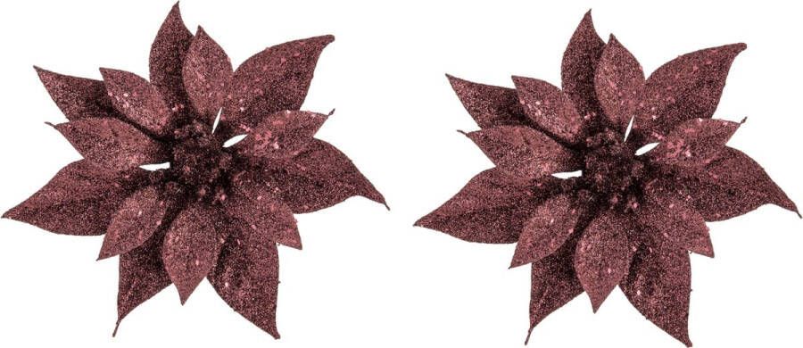 Cosy&Trendy 2x stuks decoratie bloemen kerststerren donkerrood glitter op clip 18 cm Decoratiebloemen kerstboomversiering