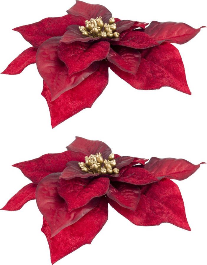 Cosy&Trendy 2x stuks decoratie bloemen kerststerren donkerrood op clip 18 cm Decoratiebloemen kerstboomversiering kerstversiering
