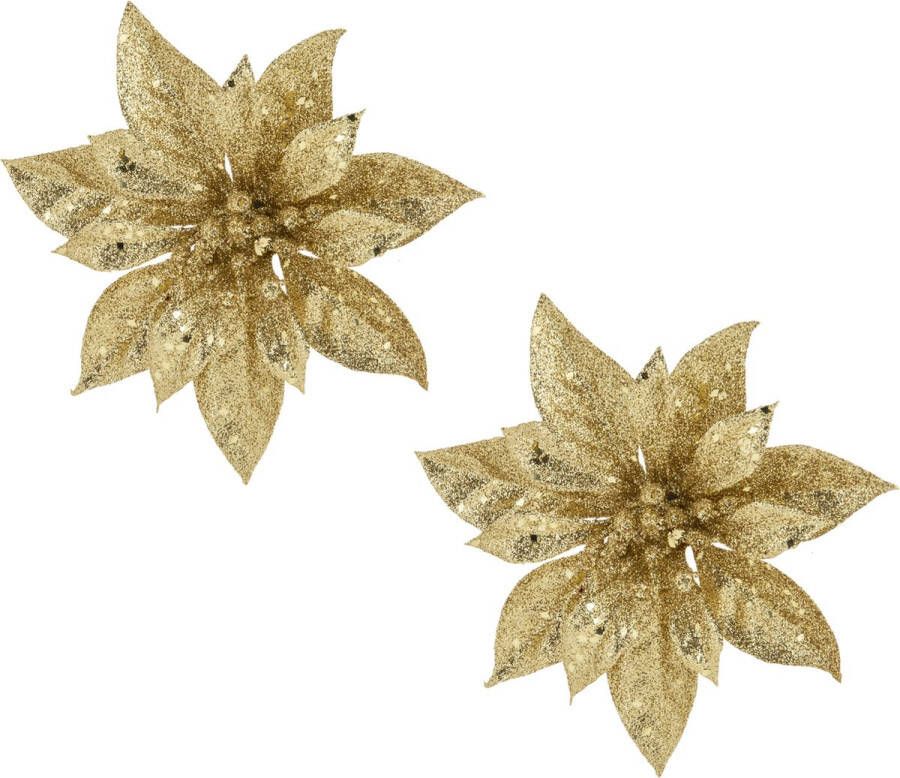Cosy&Trendy 2x stuks decoratie bloemen kerststerren goud glitter op clip 15 cm Decoratiebloemen kerstboomversiering