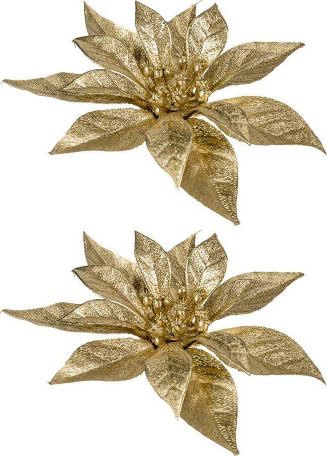 Cosy&Trendy 2x stuks decoratie bloemen kerststerren goud glitter op clip 18 cm Decoratiebloemen kerstboomversiering