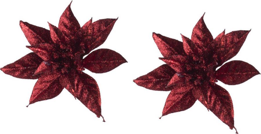 Cosy&Trendy 2x stuks decoratie bloemen kerststerren rood glitter clip 15 cm Decoratiebloemen kerstboomversiering kerstversiering