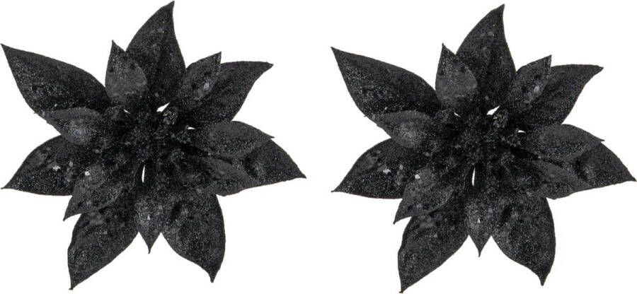 Cosy&Trendy 2x stuks decoratie bloemen kerststerren zwart glitter op clip 15 cm Decoratiebloemen kerstboomversiering