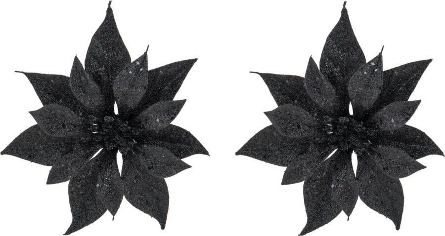Cosy&Trendy 2x stuks decoratie bloemen kerststerren zwart glitter op clip 18 cm Decoratiebloemen kerstboomversiering