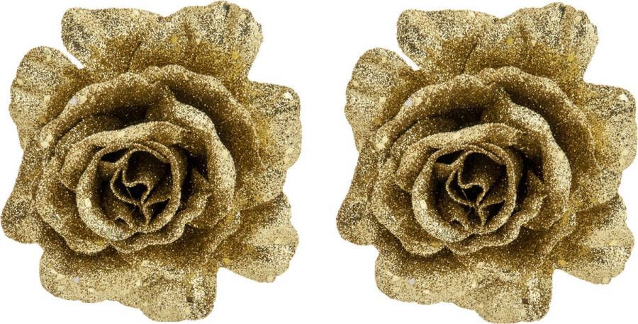 Cosy&Trendy 2x stuks decoratie bloemen roos goud glitter op clip 10 cm Decoratiebloemen kerstboomversiering kerstversiering