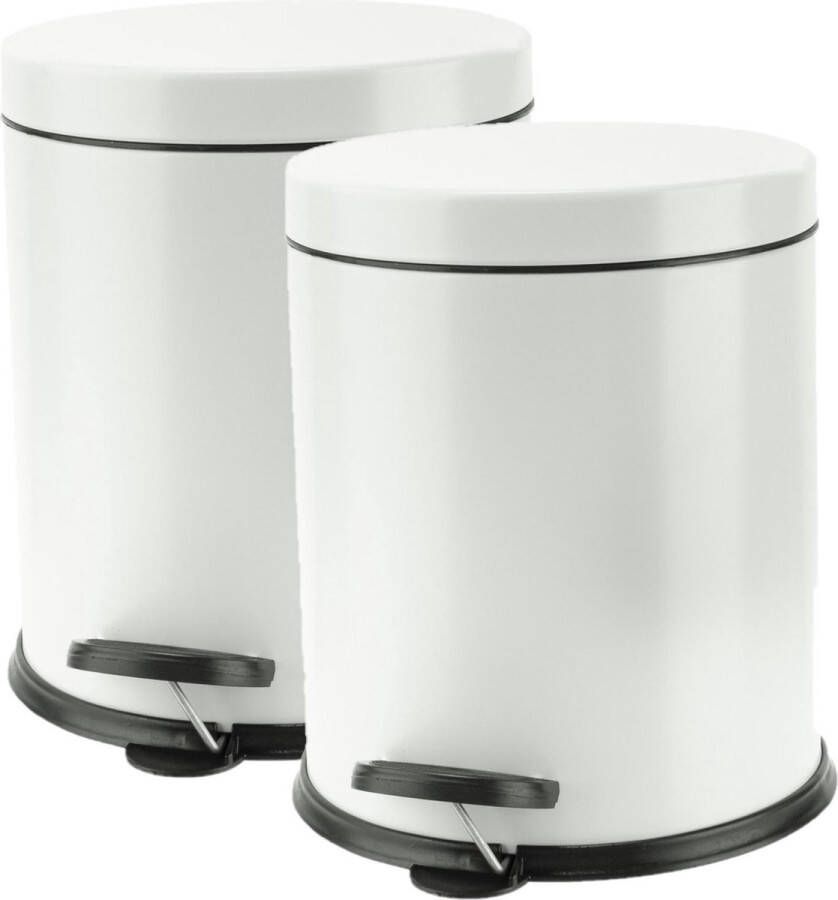 Cosy&Trendy 2x stuks vuilnisbakken pedaalemmers wit 3 liter 24 cm RVS Afvalemmers Prullenbakken