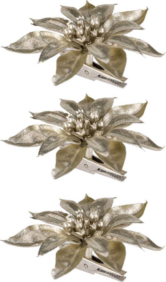 Cosy&Trendy 3x stuks decoratie bloemen kerststerren champagne glitter op clip 9 cm Decoratiebloemen kerstboomversiering