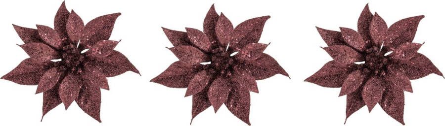 Cosy&Trendy 3x stuks decoratie bloemen kerststerren donkerrood glitter op clip 18 cm Decoratiebloemen kerstboomversiering