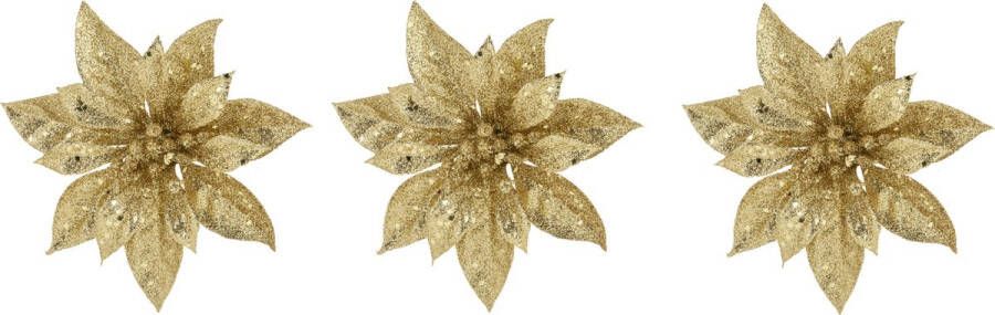 Cosy&Trendy 3x stuks decoratie bloemen kerststerren goud glitter op clip 15 cm Decoratiebloemen kerstboomversiering