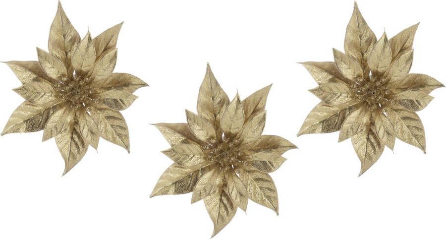 Cosy&Trendy 3x stuks decoratie bloemen kerststerren goud glitter op clip 18 cm Decoratiebloemen kerstboomversiering