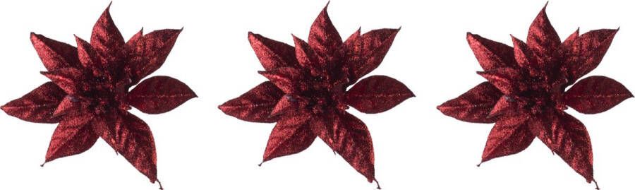 Cosy&Trendy 3x stuks decoratie bloemen kerststerren rood glitter clip 15 cm Decoratiebloemen kerstboomversiering kerstversiering
