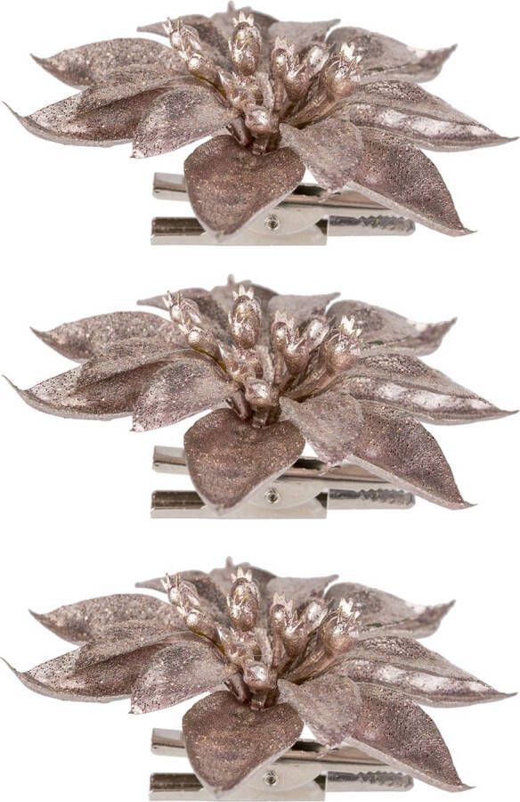 Cosy&Trendy 3x stuks decoratie bloemen kerststerren roze glitter op clip 9 cm Decoratiebloemen kerstboomversiering