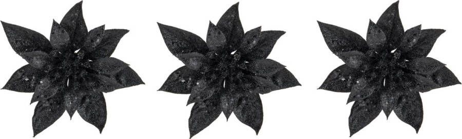 Cosy&Trendy 3x stuks decoratie bloemen kerststerren zwart glitter op clip 15 cm Decoratiebloemen kerstboomversiering