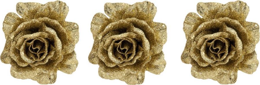 Cosy&Trendy 3x stuks decoratie bloemen roos goud glitter op clip 10 cm Decoratiebloemen kerstboomversiering kerstversiering