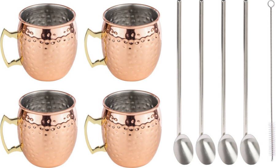 Cosy&Trendy 4x Cocktailbekers Moscow Mule 500 ml Inclusief 4x RVS herbruikbare lepel rietjes