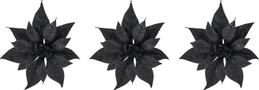 Cosy&Trendy 4x stuks decoratie bloemen kerststerren zwart glitter op clip 18 cm Decoratiebloemen kerstboomversiering