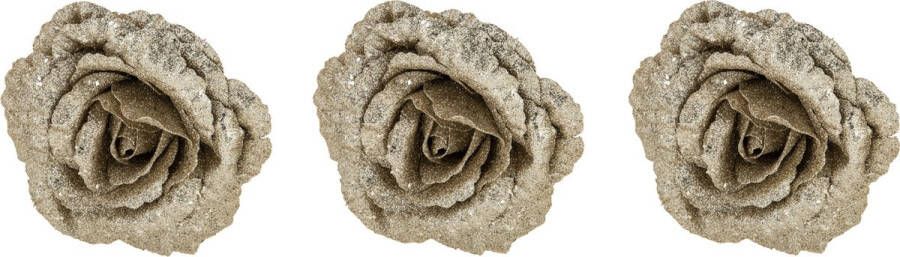 Cosy&Trendy 2x stuks decoratie bloemen roos champagne glitter op clip 18 cm Decoratiebloemen kerstboomversiering kerstversiering