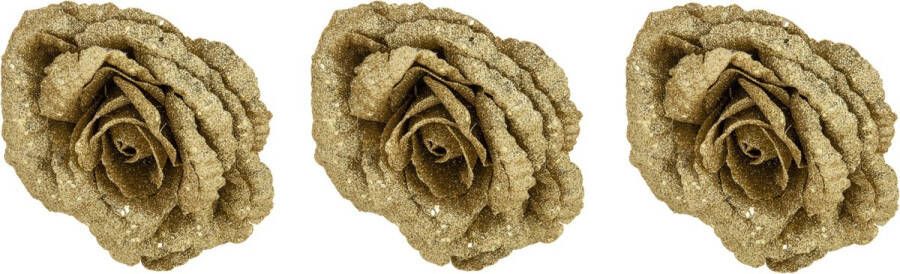Cosy&Trendy 4x stuks decoratie bloemen roos goud glitter op clip 18 cm Decoratiebloemen kerstboomversiering kerstversiering