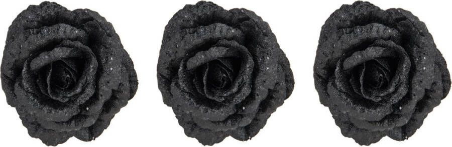 Cosy&Trendy 4x stuks decoratie bloemen roos zwart glitter op clip 15 cm Decoratiebloemen kerstboomversiering kerstversiering