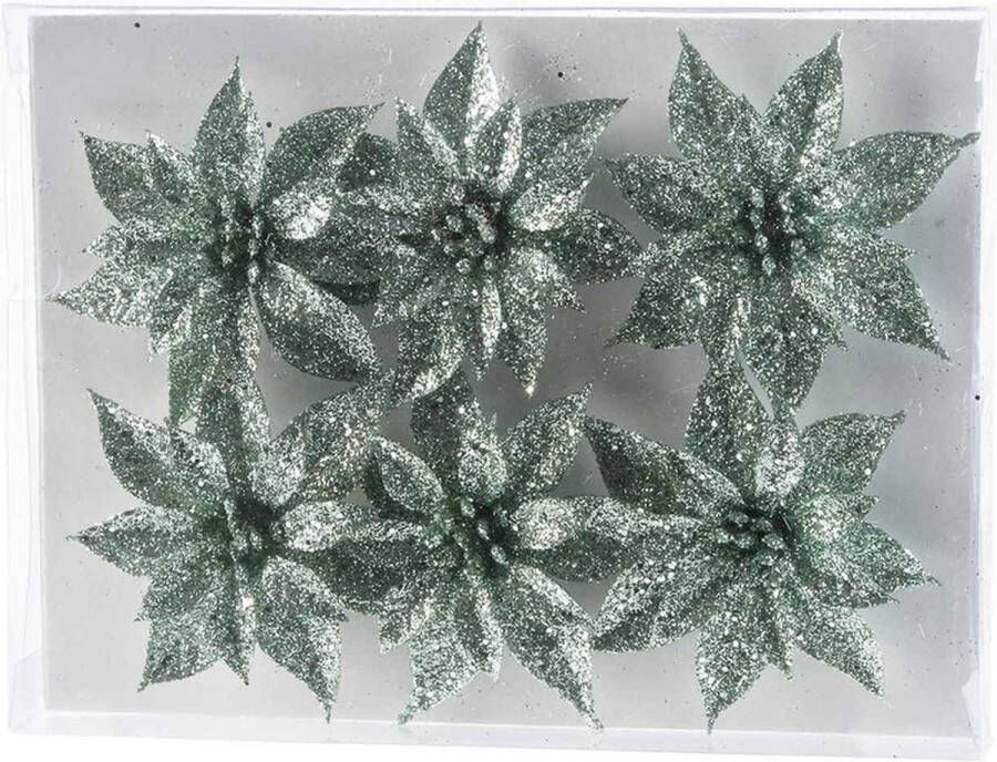 Cosy&Trendy 6x Kerstboomversiering mintgroene glitter bloemen op clip kerstboom decoratie mintgroen kerstversieringen