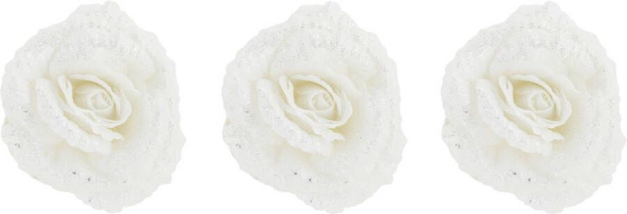 Cosy&Trendy 6x stuks decoratie bloemen roos wit glitter op clip 18 cm Decoratiebloemen kerstboomversiering kerstversiering
