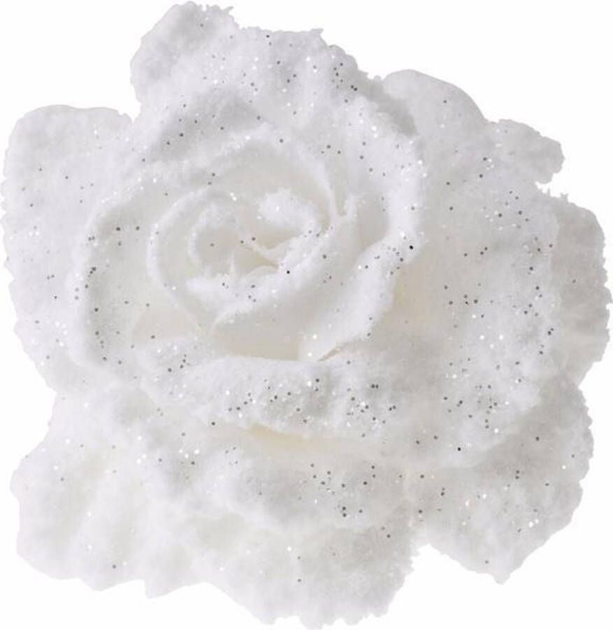 Cosy&Trendy Decoratie bloem roos wit 10 cm Kunstbloemen witte glitter rozen op clip