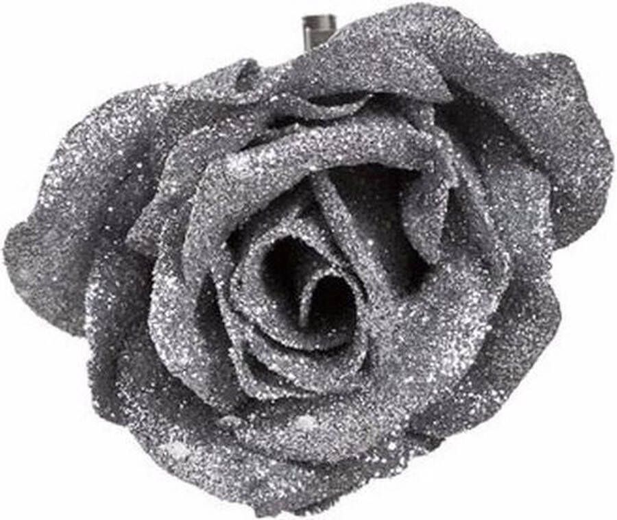 Bellatio Flowers & Plants Decoratie roos op clip zilver glitter 9 cm Zilveren roos kunstbloem met glitters