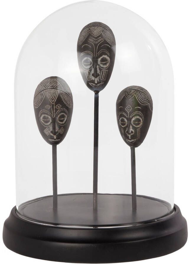 Cosy&Trendy Decoratie Stolp met Afrikaanse Maskers Interieur 18X18X23CM Glazen bol Glas Zwart