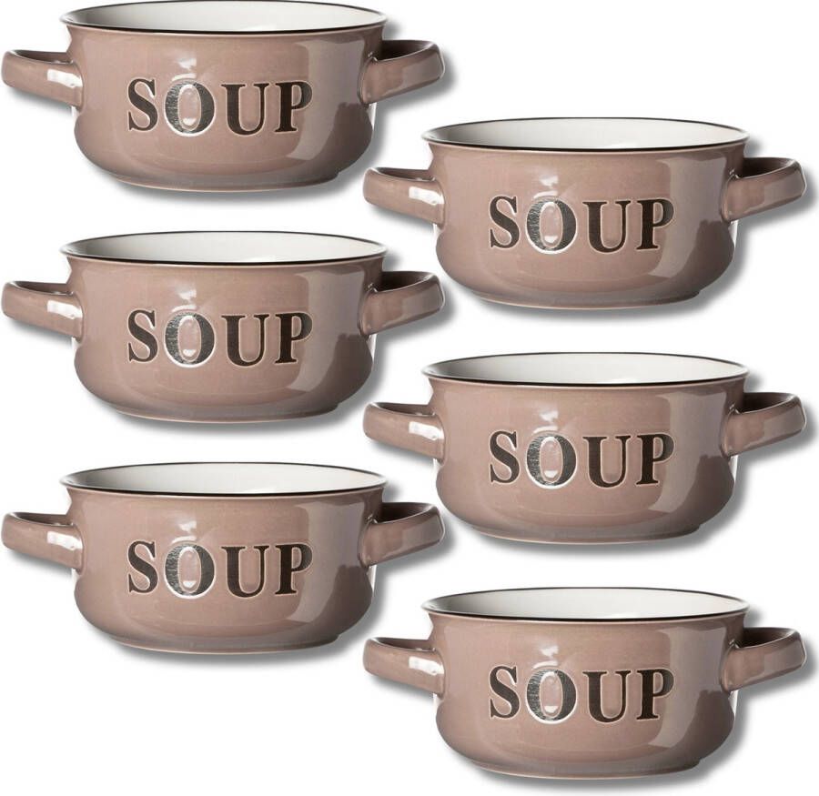 Cosy&Trendy Grijze Soepkommen met Handvaten 6 stuks 13.5XH6.5CM 47 cl Aardewerk